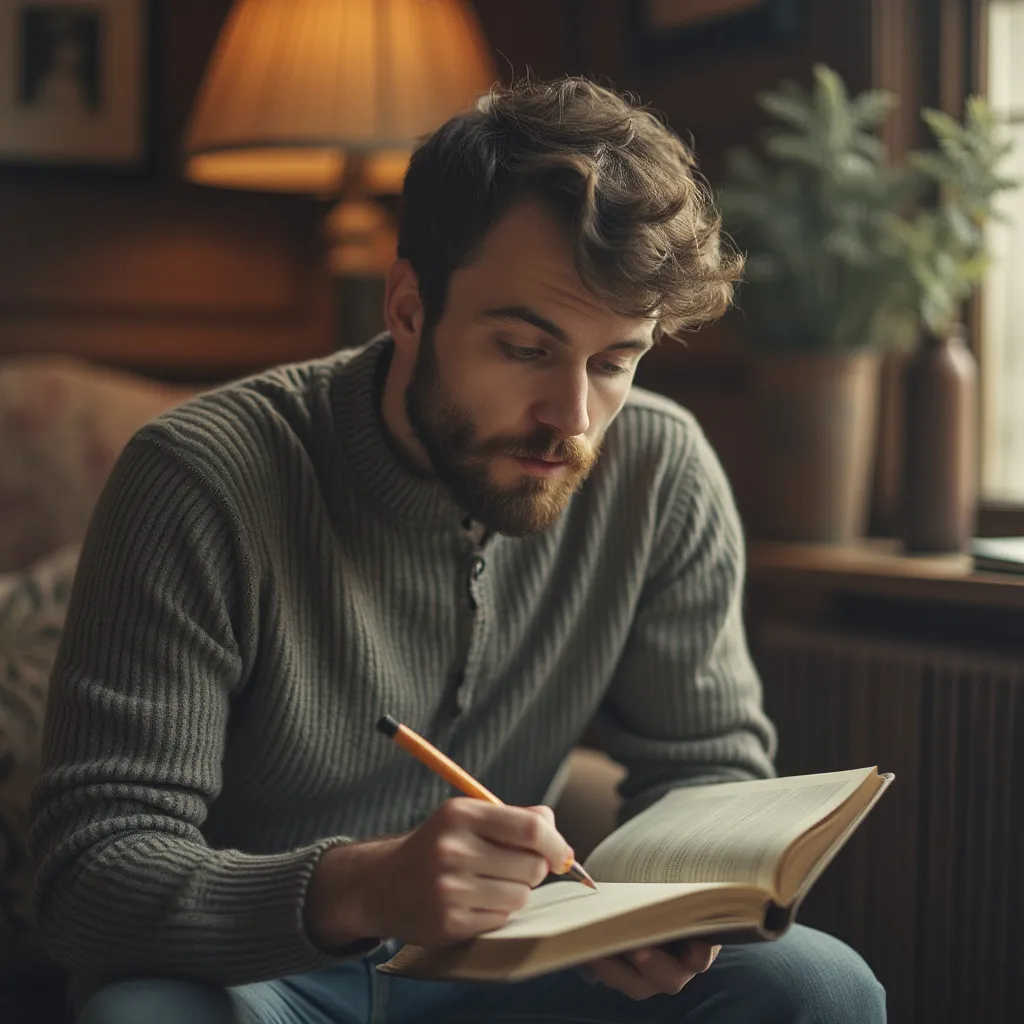 Hombre pensativo escribiendo